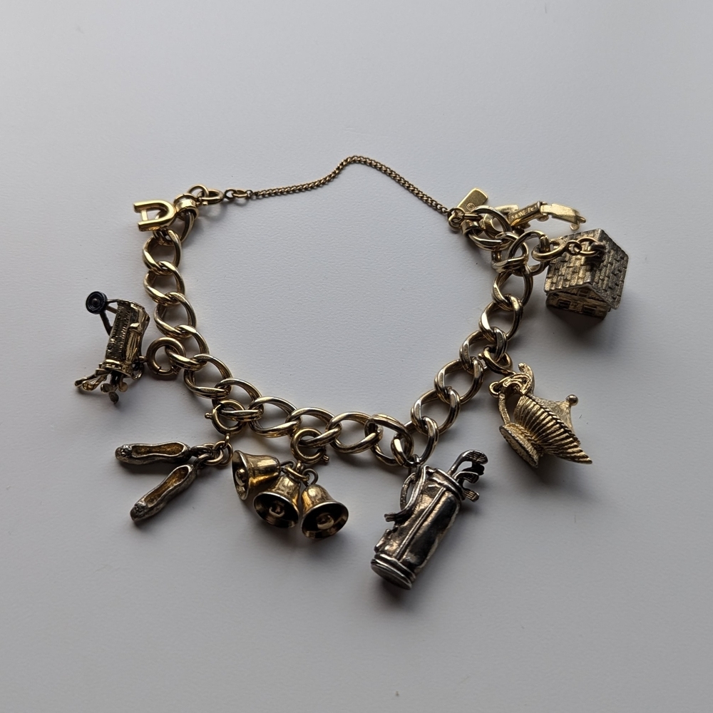 Vintage 1970sCharm Bracelet with Golf, Ballet, & Other Charms, Gold Brass Silver